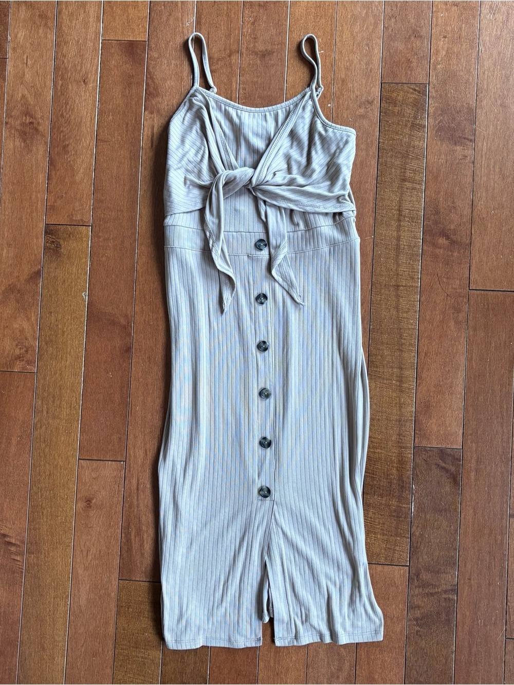 Derek Heart Taupe Rib-Knit Tie-Front Button Midi Dress Summer Fall